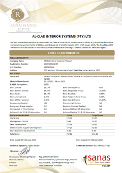 Alclad Shopfitting Photo of Latest BEE Certificate 2021